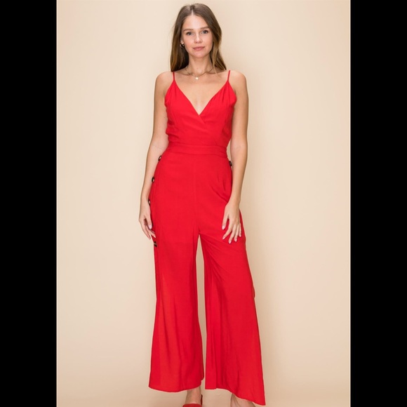 Only 1 Left! ❤️ Wardrobe Essential-Spaghetti Strap Jumpsuit w/ Buttonside Pants - Picture 4 of 8